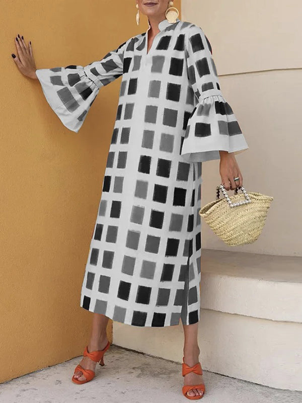 xakxx Original Flared Sleeves Split-Joint Multi-Colored Plaid Midi Dress