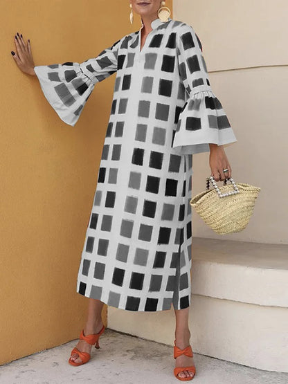 xakxx Original Flared Sleeves Split-Joint Multi-Colored Plaid Midi Dress