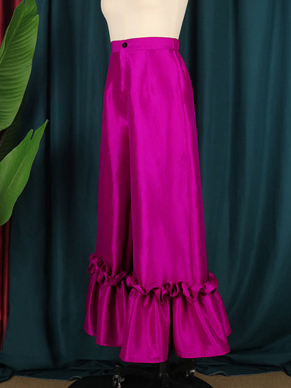 xakxx Loose Wide Leg Buttoned Falbala High-Waisted Solid Color Flared Trousers Pants