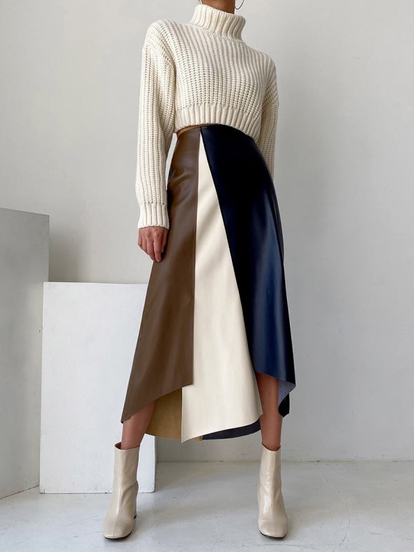 xakxx A-Line High Waisted Asymmetric Contrast Color Split-Front Skirts Bottoms