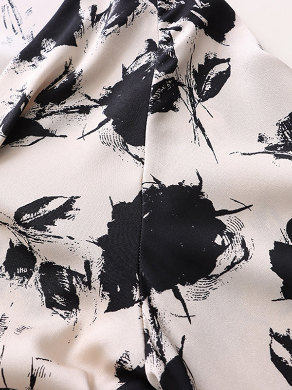 xakxx Casual Loose Puff Sleeves Printed V-Neck Blouses&Shirts Tops