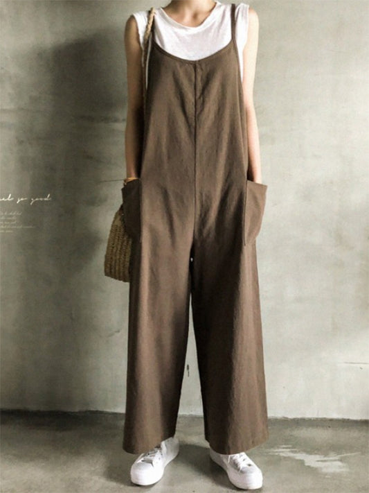 xakxx Black&Khaki Casual Spaghetti-Neck Loose Wide-Leg Overalls
