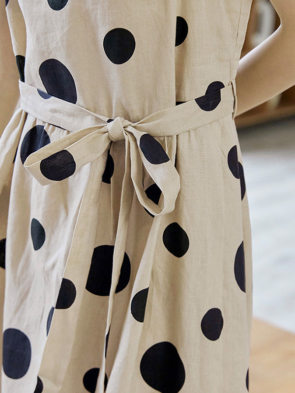 xakxx Loose Sleeveless Contrast Color Pleated Polka-Dot Split-Joint Tied Waist Round-Neck Midi Dresses