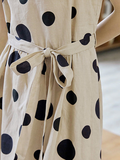 xakxx Loose Sleeveless Contrast Color Pleated Polka-Dot Split-Joint Tied Waist Round-Neck Midi Dresses