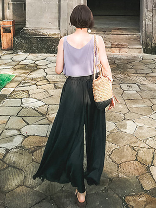 xakxx Simple Solid Color Elasticity High Waisted Wide Leg Pants