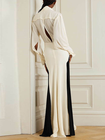 xakxx Long Sleeves Loose Contrast Color V-Neck Evening Dresses Maxi Dresses