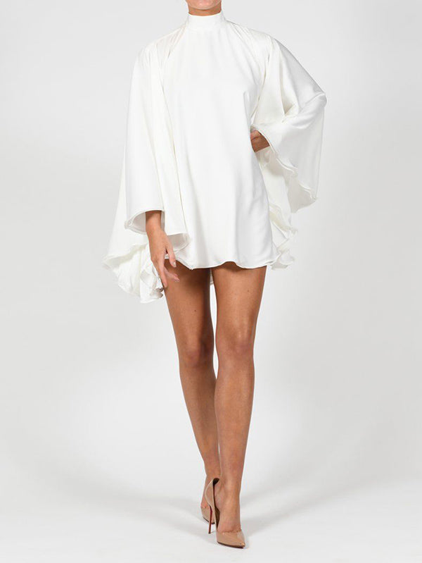 xakxx Solid Color High-Neck Backless Flared Sleeves Mini Dress
