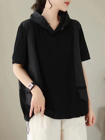 xakxx Loose Short Sleeves Solid Color Hooded T-Shirts Tops