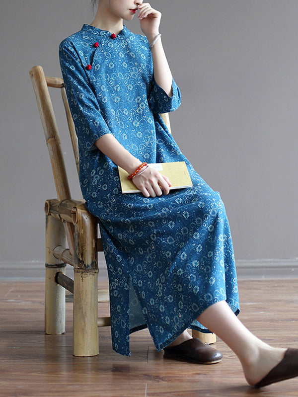 xakxx Original Solid Floral Stand Collar Midi Dress
