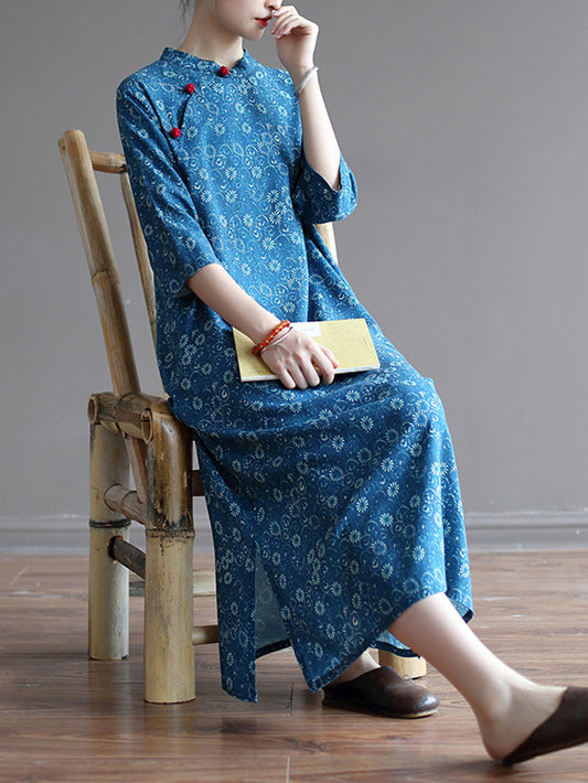 xakxx Original Solid Floral Stand Collar Midi Dress