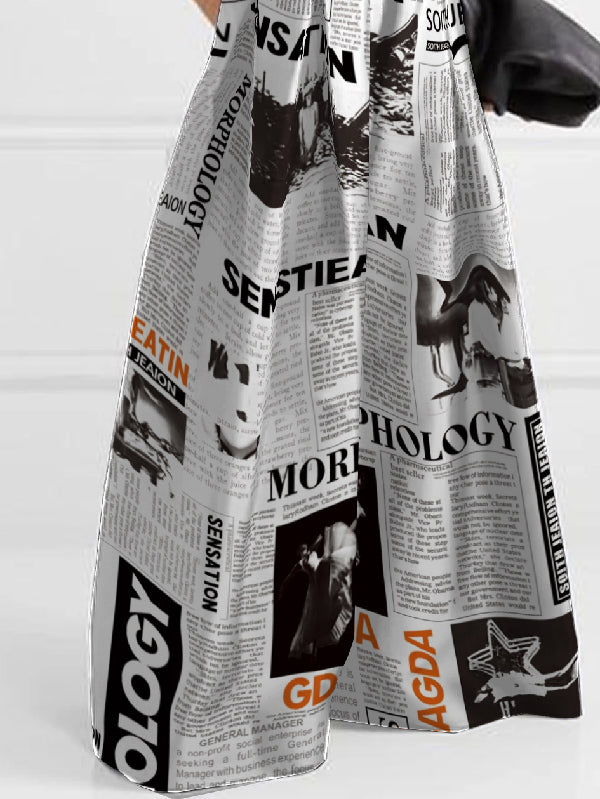 xakxx High Waisted Loose Newspaper Print Pleated Pants Trousers