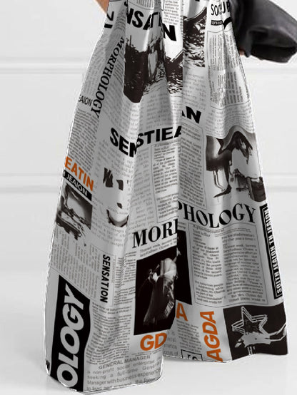 xakxx High Waisted Loose Newspaper Print Pleated Pants Trousers