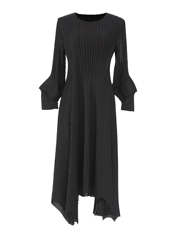 xakxx Irregular Clipping Loose Pleated Solid Color Round-Neck Midi Dresses