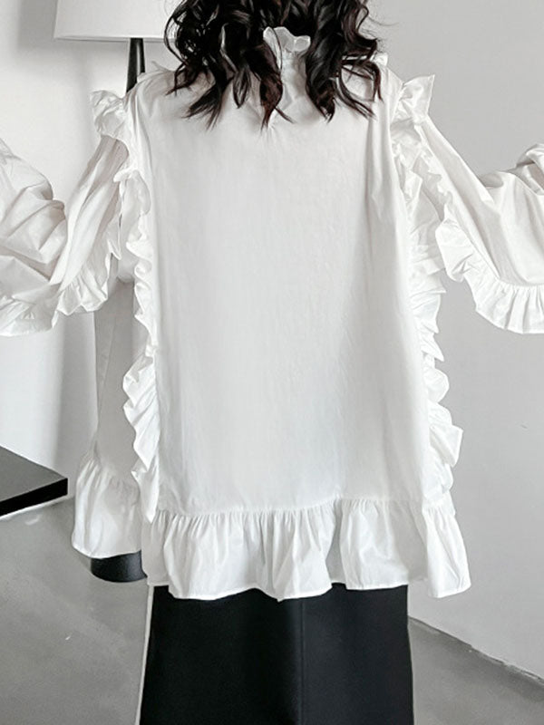 xakxx Long Sleeves Loose Buttoned Ruffled Solid Color Stand Collar Blouses&Shirts Tops