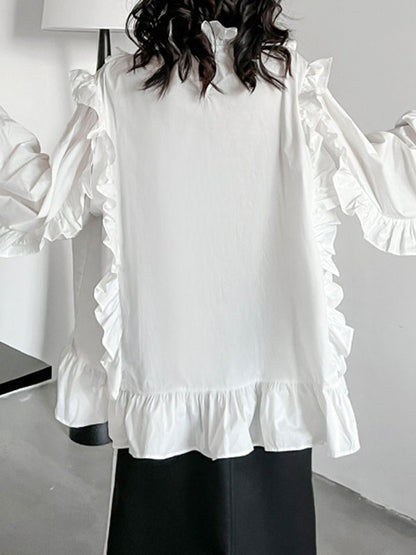 xakxx Long Sleeves Loose Buttoned Ruffled Solid Color Stand Collar Blouses&Shirts Tops