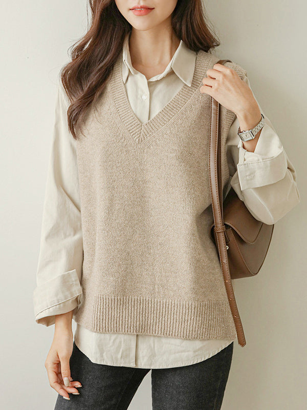 xakxx Casual Loose Sleeveless Solid Color V-Neck Sweater Vest Outerwear