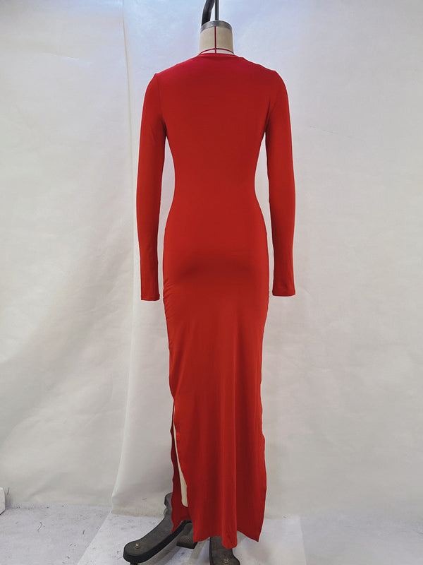 xakxx Bodycon Long Sleeves Solid Color Split-Side Round-Neck Maxi Dresses