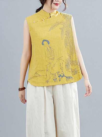 xakxx Artistic Retro Chinese-Style Printed Buttoned Stand Collar Sleeveless Vest