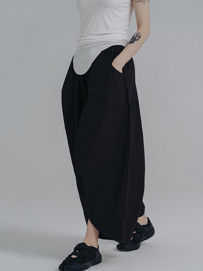 xakxx Simple Loose Elasticity Waist Wide Leg Solid Color Pants
