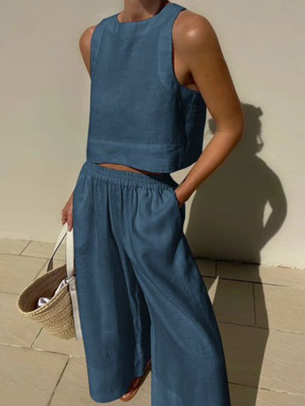 xakxx Solid Color Round-Neck Sleeveless Vest + Elasticity Wide Leg Pants Two Pieces Set