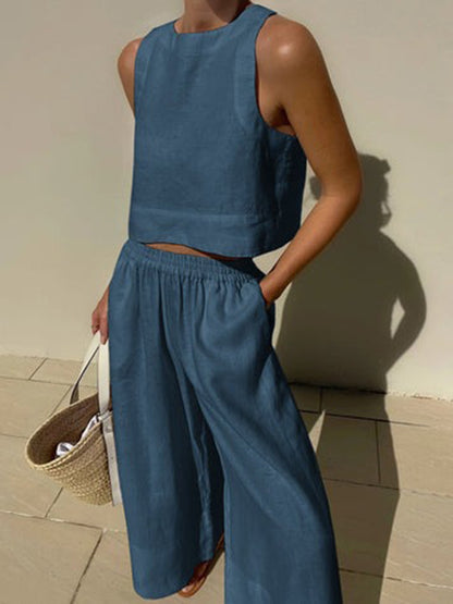 xakxx Solid Color Round-Neck Sleeveless Vest + Elasticity Wide Leg Pants Two Pieces Set
