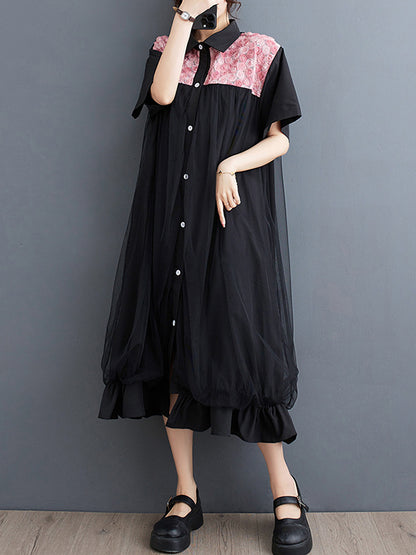 xakxx Loose Short Sleeves Falbala Printed Split-Joint Lapel Midi Dresses