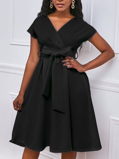 xakxx Bowknot Lace-Up Solid Color V-Neck Midi Dresses