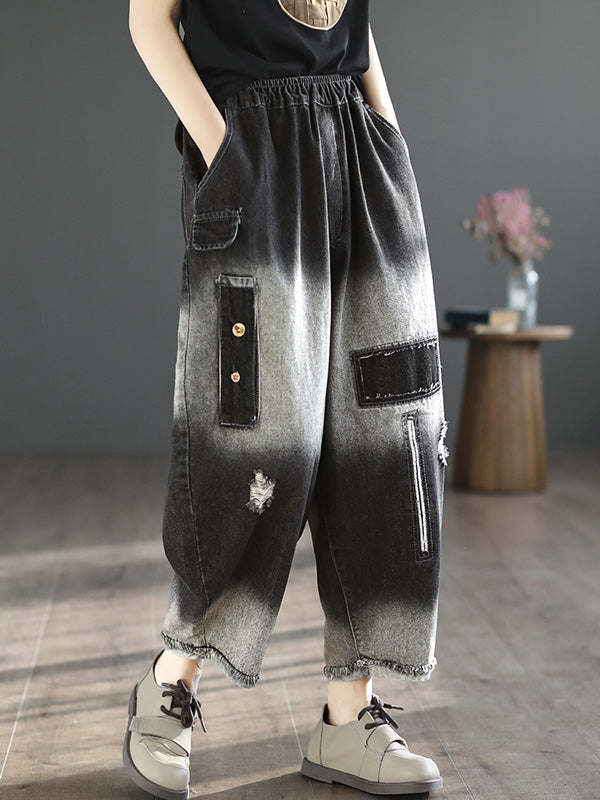 xakxx Vintage Hollow Elasticity Applique Ninth Jean Harem Pants Bottoms