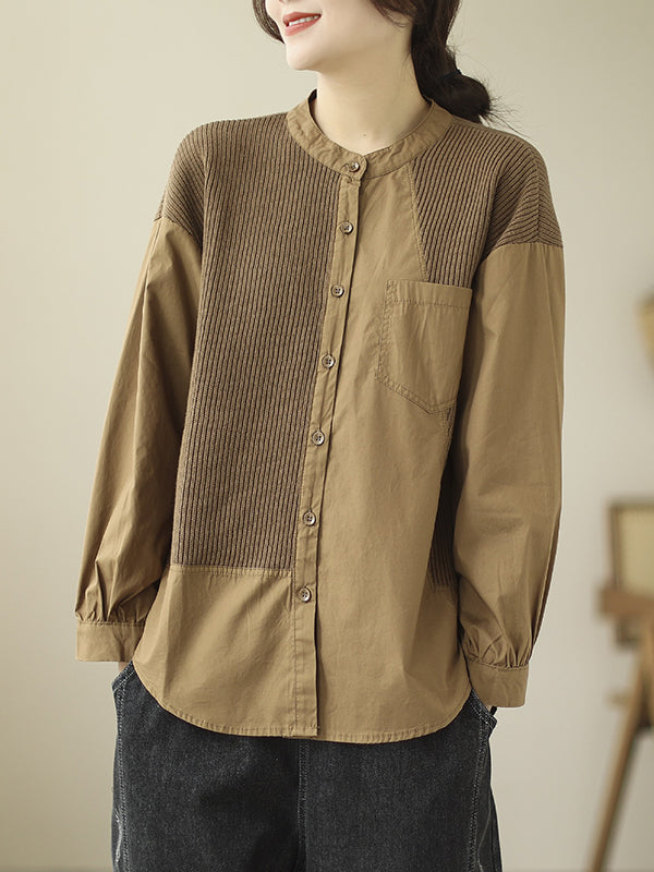 xakxx Long Sleeves Loose Asymmetric Buttoned Pockets Split-Joint Round-Neck Blouses&Shirts Tops