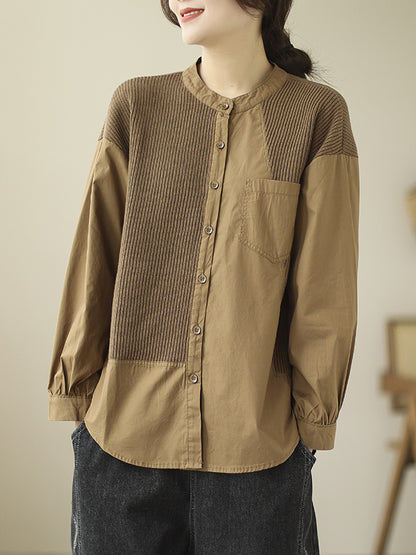 xakxx Long Sleeves Loose Asymmetric Buttoned Pockets Split-Joint Round-Neck Blouses&Shirts Tops