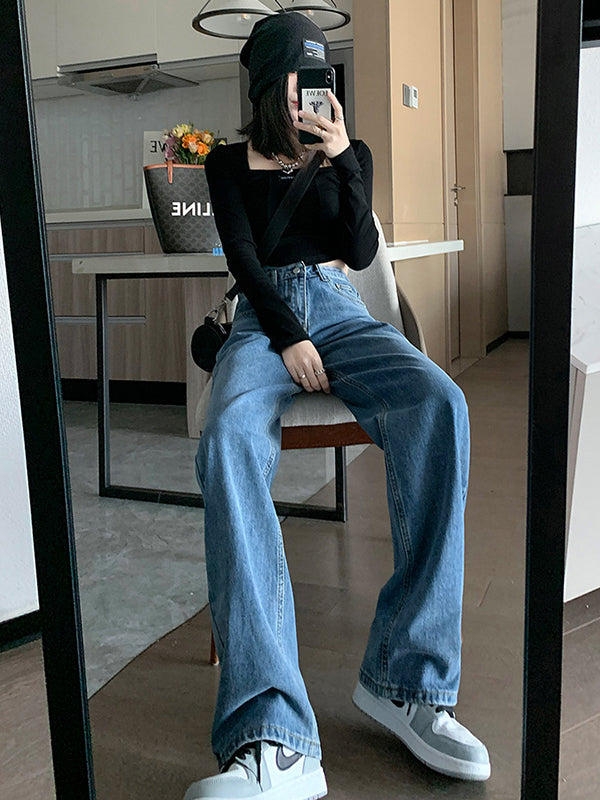 xakxx Casual High Waisted Denim Wide Leg Jean Pants