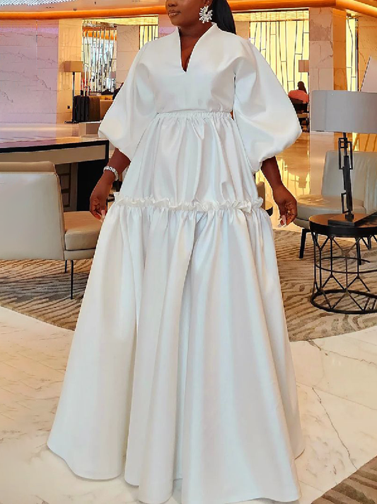 xakxx High Waisted Puff Sleeves Falbala Solid Color V-Neck Maxi Dresses