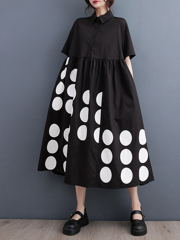 xakxx A-Line Loose Buttoned Pockets Polka Dot Printed Lapel Midi Dresses