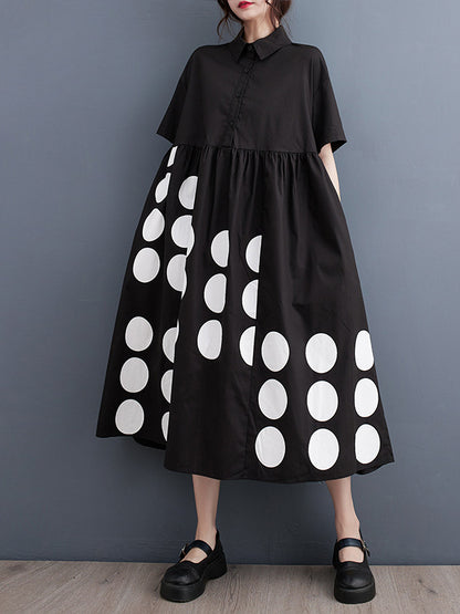 xakxx A-Line Loose Buttoned Pockets Polka Dot Printed Lapel Midi Dresses