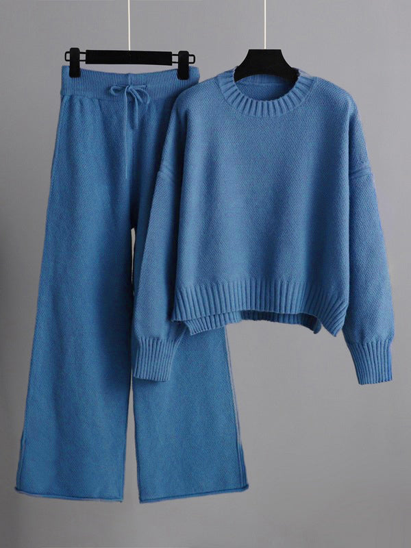 xakxx Urban Loose Long Sleeves Solid Color Round-Neck High-Low Sweater Tops & Wide Leg Pants Suits