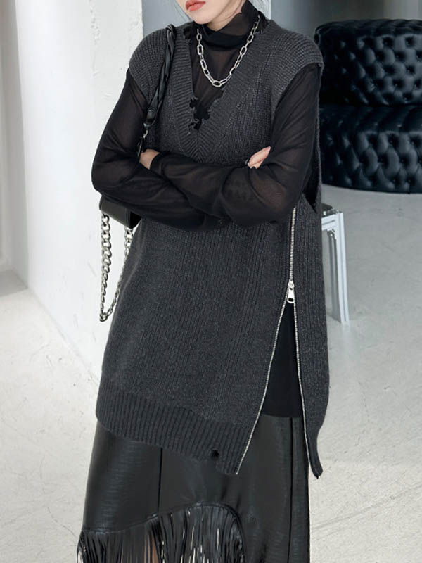 xakxx Loose Sleeveless Asymmetric Split-Side Zipper V-Neck Vest Outerwear