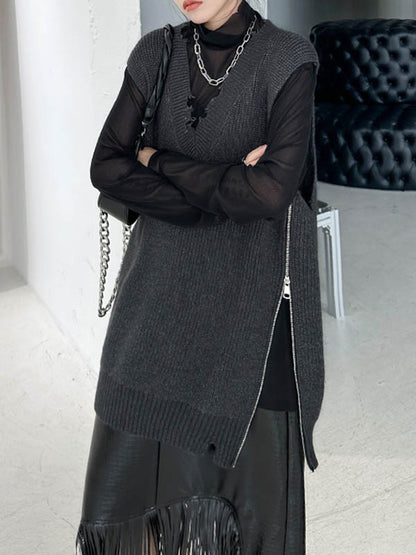xakxx Loose Sleeveless Asymmetric Split-Side Zipper V-Neck Vest Outerwear