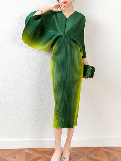 xakxx Fashion Loose Batwing Sleeves Gradient Pleated Midi Dress