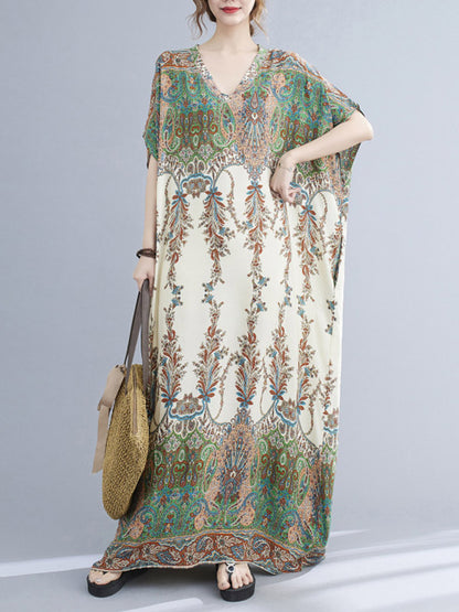 xakxx Vintage Floral Printed V-Neck Batwing Sleeves H-Line Maxi Dress