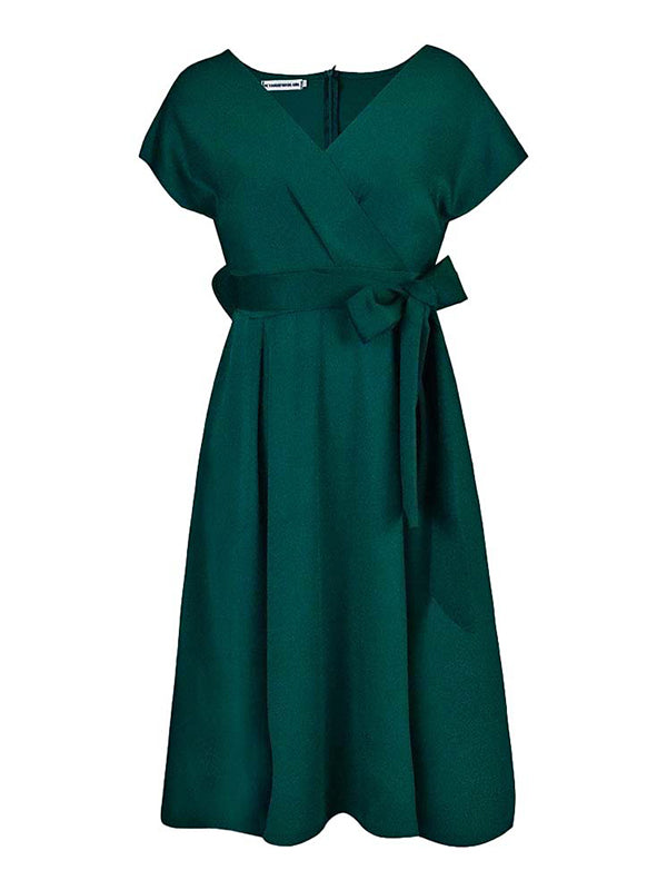 xakxx Bowknot Lace-Up Solid Color V-Neck Midi Dresses