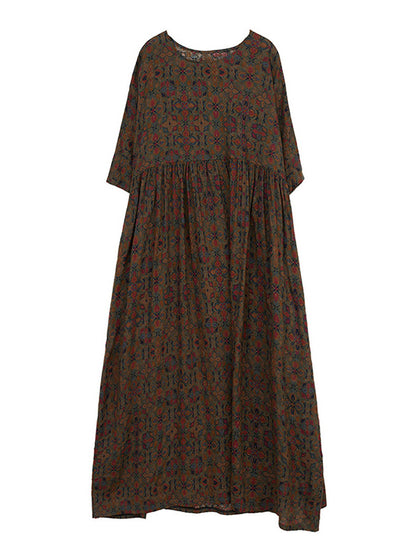 xakxx Vacation Loose Half Sleeves Floral Printed Pleated Round-Neck Midi Dresses
