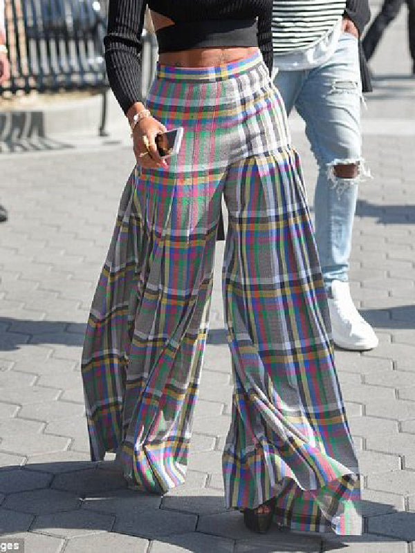 xakxx Stylish Selection Wide Leg Loose Pleated Checkered Casual Pants Bottoms