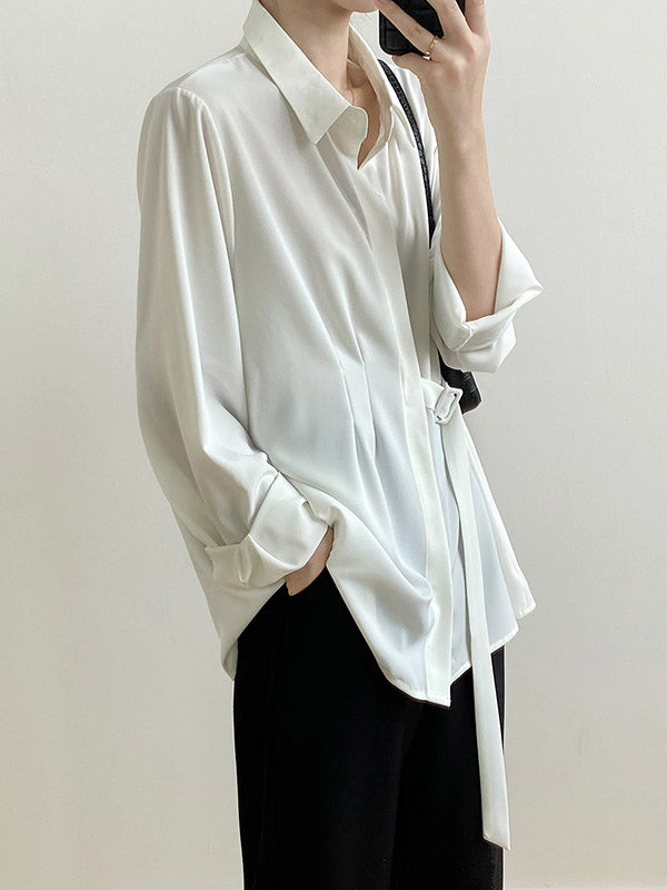 xakxx Office Loose Long Sleeves Lace-Up Solid Color Lapel Blouses