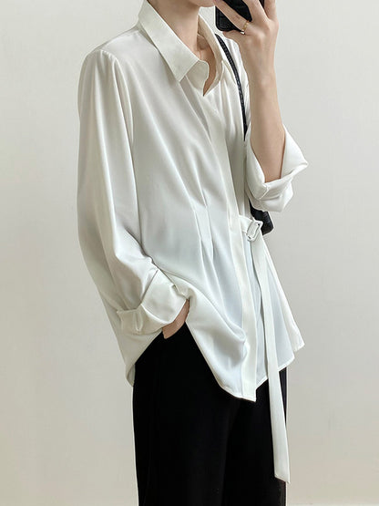 xakxx Office Loose Long Sleeves Lace-Up Solid Color Lapel Blouses