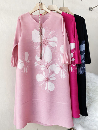 xakxx Flared Sleeves Loose Floral Printed Round-Neck Midi Dresses