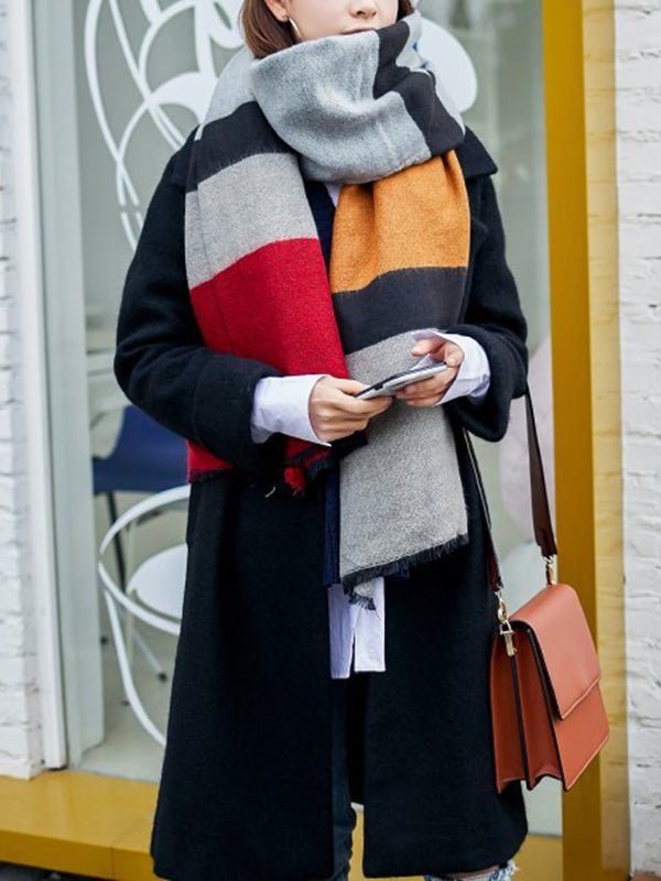 xakxx Contrast Color Fringed Keep Warm Multi-Colored Striped Shawl&Scarf