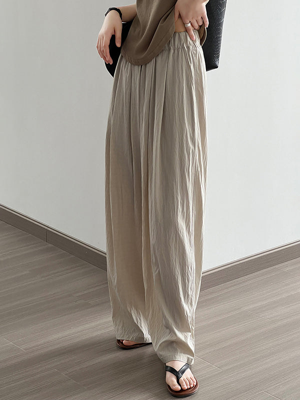 xakxx High Waisted Wide Leg Elasticity Pleated Solid Color Casual Pants Bottoms Trousers