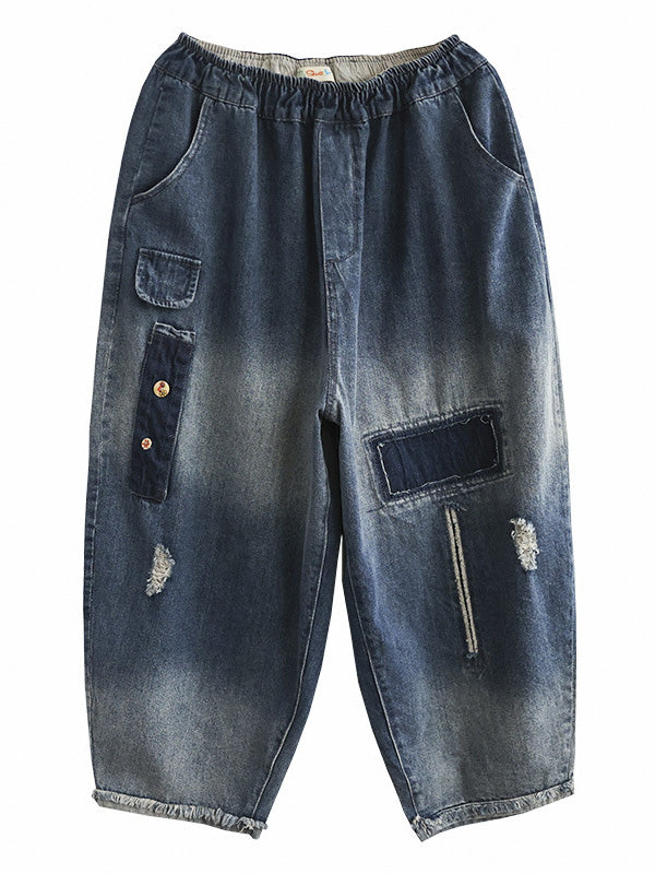 xakxx Vintage Hollow Elasticity Applique Ninth Jean Harem Pants Bottoms