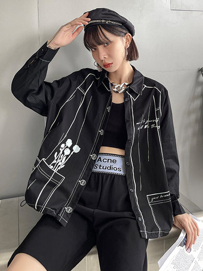 xakxx Casual Contrast Color Printed Drawstring Blouse Top