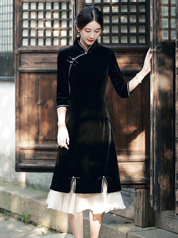 xakxx Vintage Beaded False Two Half Sleeves Long Cheongsams